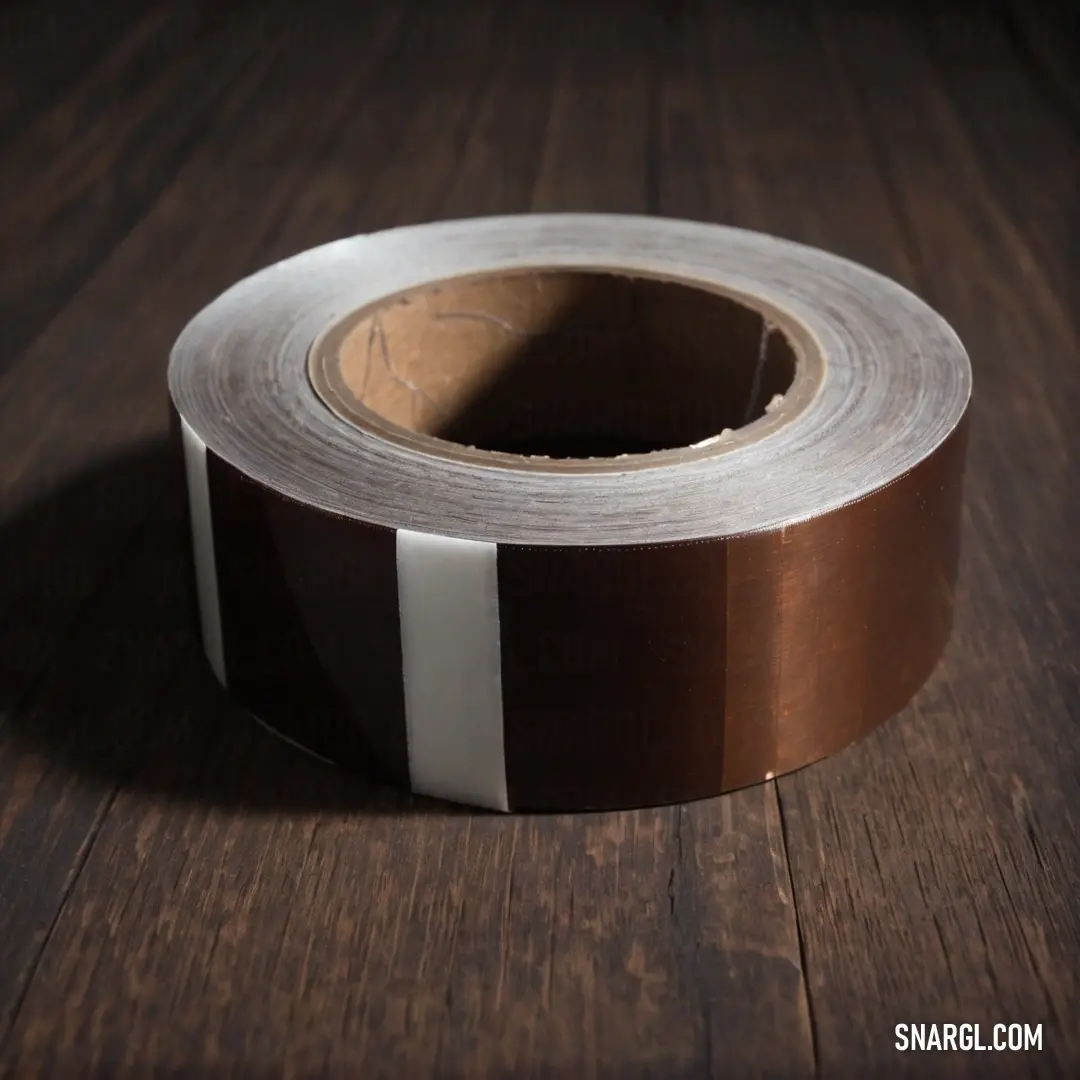 A charming roll of brown and white tape displayed on a textured wooden surface. The interplay of patterns creates a rustic ambiance, harmonizing with the intricate details of color reflected in CMYK 9,16,0,0.