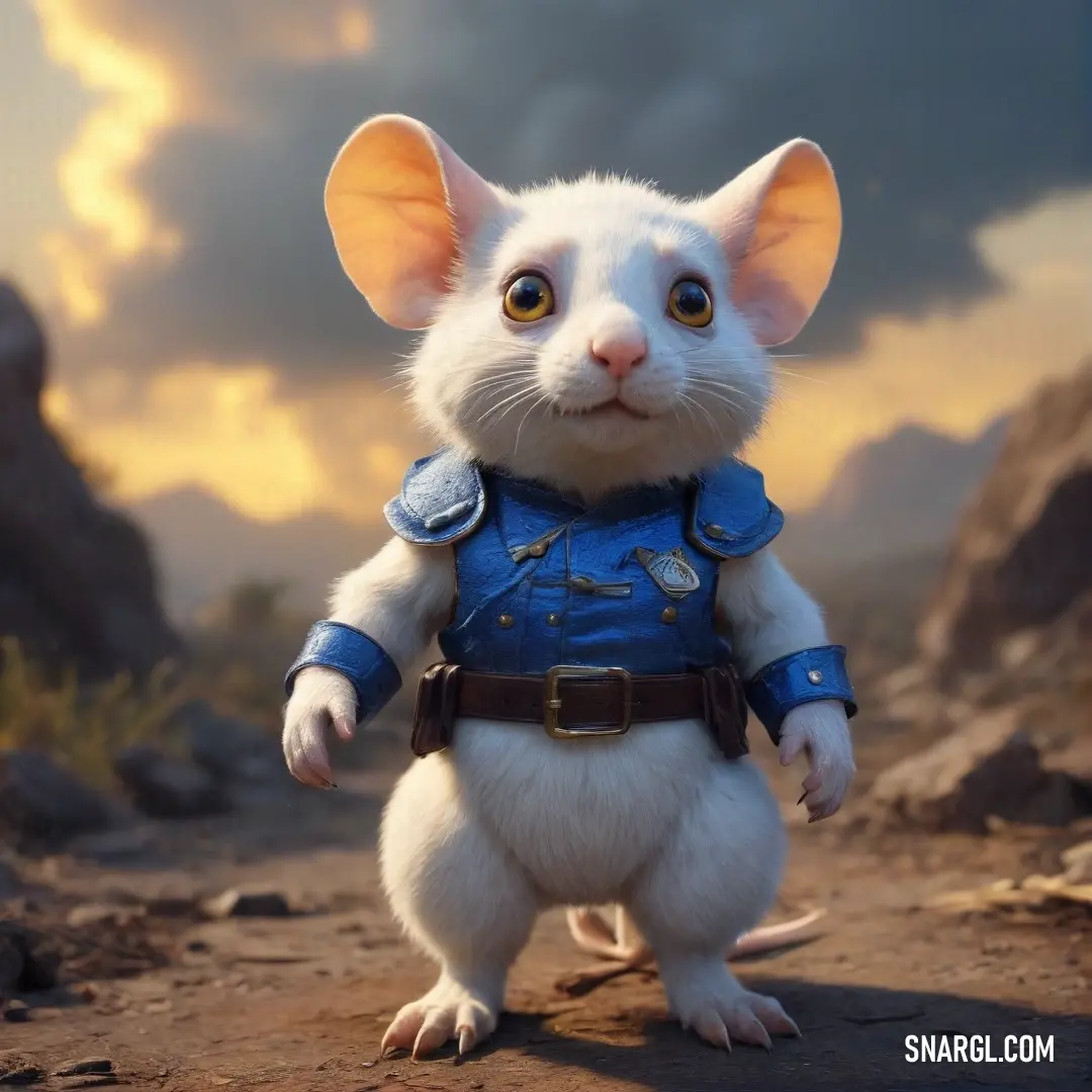 A charming white mouse dressed in a vibrant blue outfit stands proudly on a rugged dirt road, framed by majestic mountains cloaked in soft, billowy clouds.