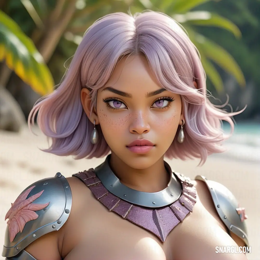 Woman with pink hair and armor on a beach with palm trees in the background. Color #DECEDF.