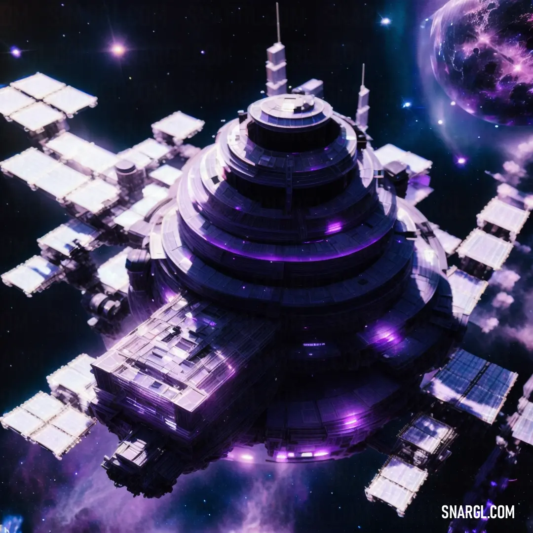 Futuristic space station with a large dome and a satellite system in the background. Color #7A6AA5.