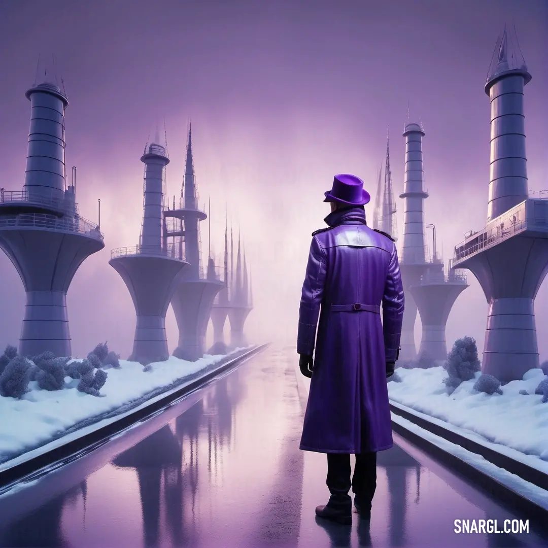 PANTONE 2088 color. Man in a purple coat and hat standing in front of a futuristic city with tall buildings and towers