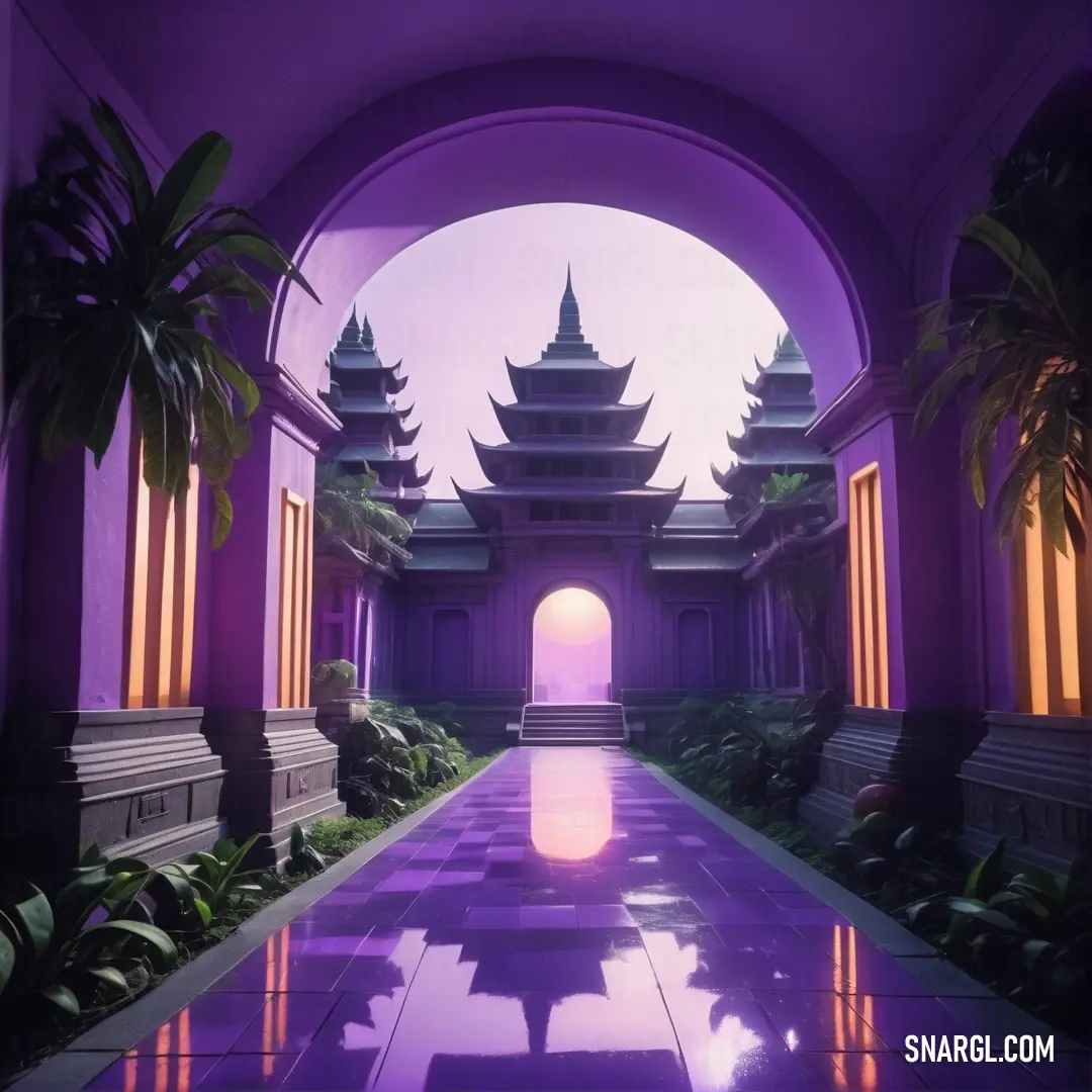 Purple hallway with a large archway leading to a building with a clock tower on it's side. Color CMYK 58,60,0,0.