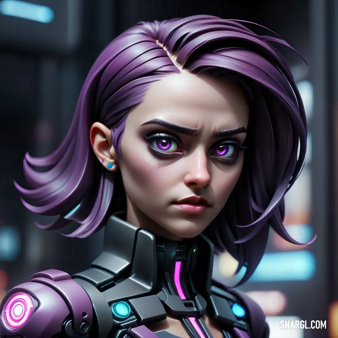 Woman with purple hair and a futuristic suit on her chest and a futuristic helmet on her head and a futuristic looking face