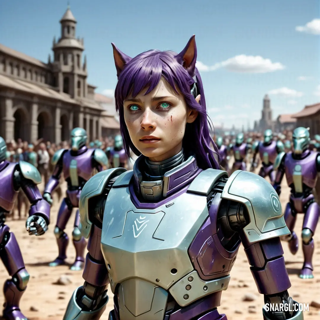 Woman in a futuristic suit with purple hair and horns standing in front of a crowd of people in a city. Example of #675293 color.