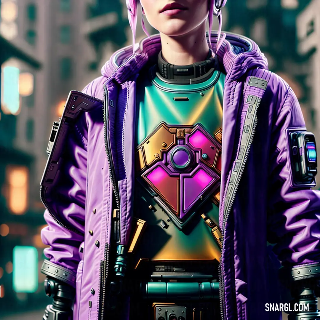 PANTONE 2089 color example: Woman in a purple jacket and headphones standing in a city street with a futuristic suit on her chest