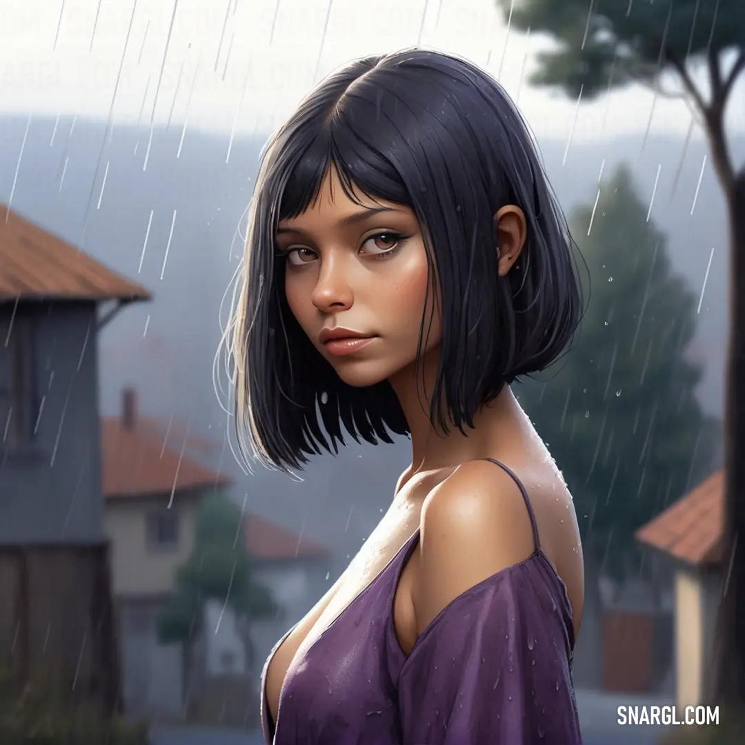 Woman with a short black hair standing in the rain with a house in the background. Example of CMYK 72,74,0,0 color.