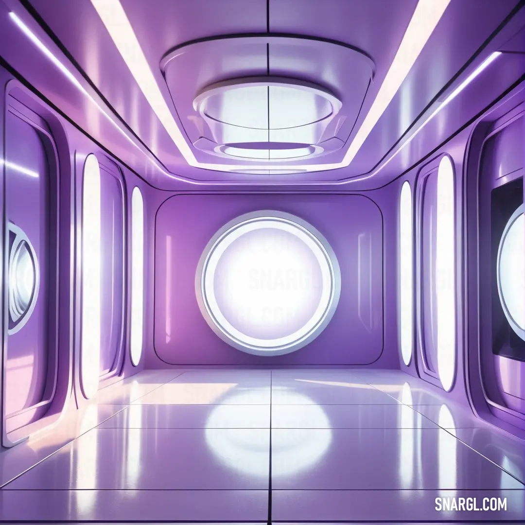 PANTONE 2089 color. Room with a circular window and a purple wall and floor