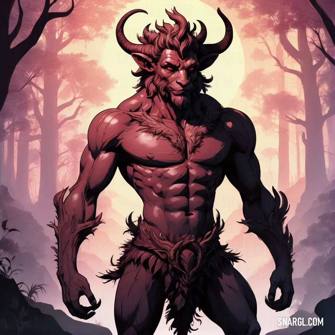 Demon with horns and a beard standing in a forest with trees and a full moon in the background