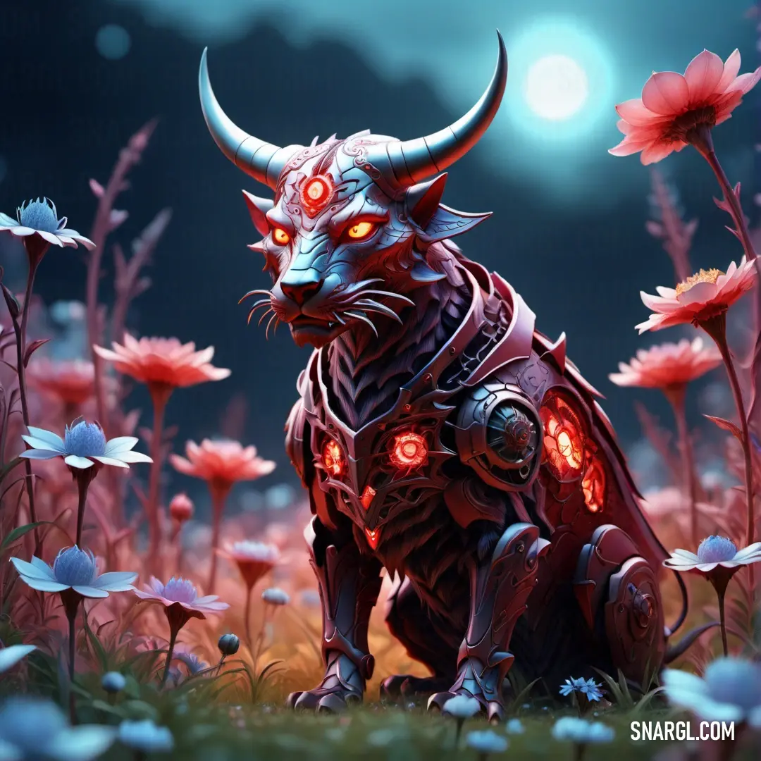 Demonic looking animal in a field of flowers with red eyes and horns on it's head