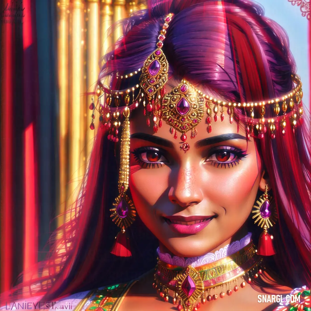 Digital painting of a woman wearing a head piece and jewelry with a red hair and a gold necklace