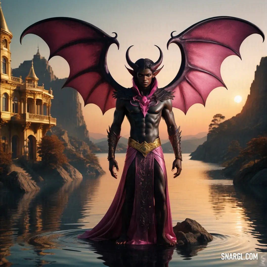 PANTONE 209 color example: Man in a costume with a dragon like body and wings standing in water with a castle in the background