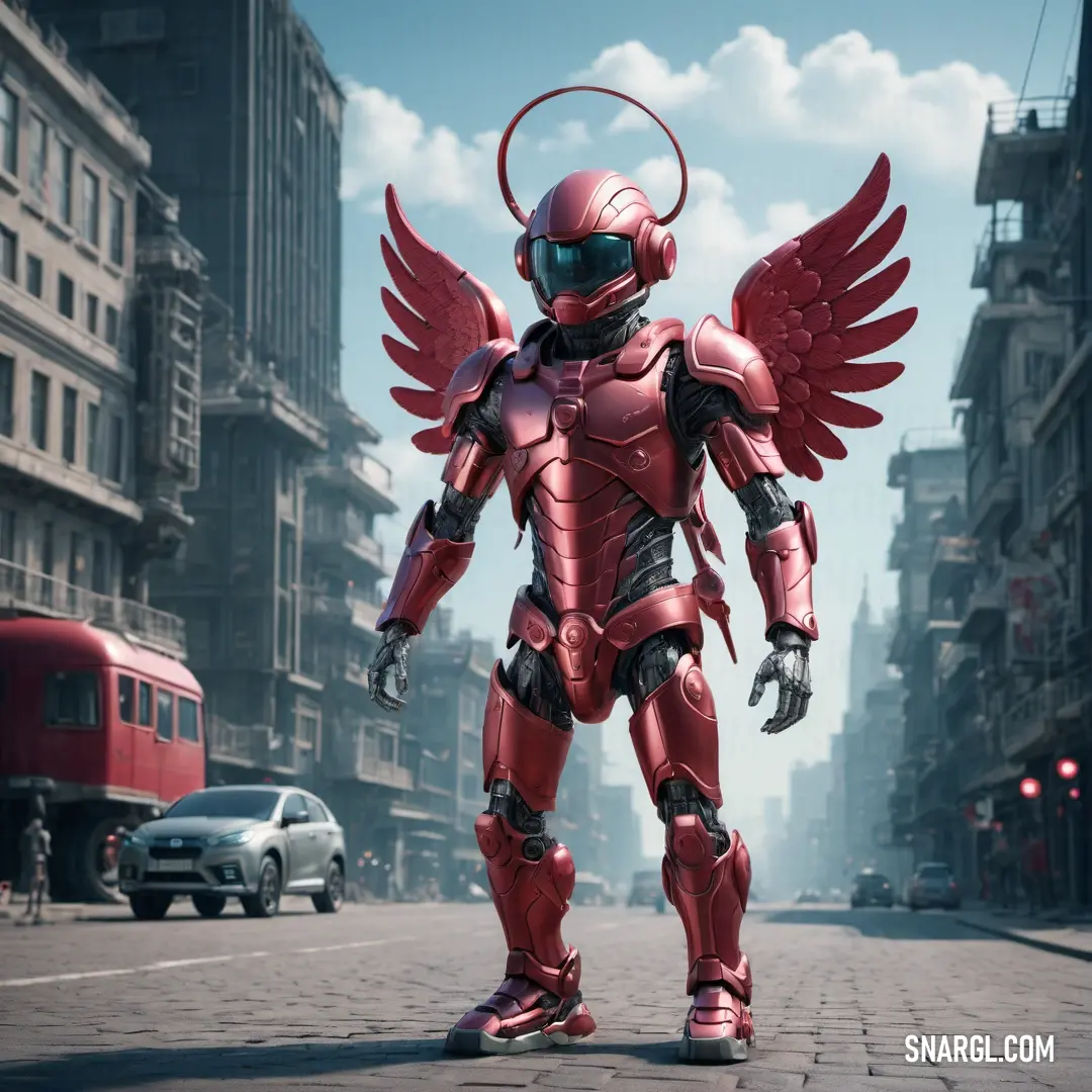 Man in a red suit with wings standing on a street in a city with cars and buses in the background. Color PANTONE 209.