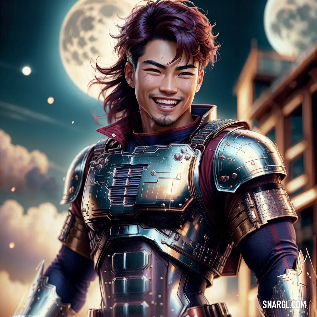 Man in armor is smiling at the camera with a full moon in the background and a building in the foreground