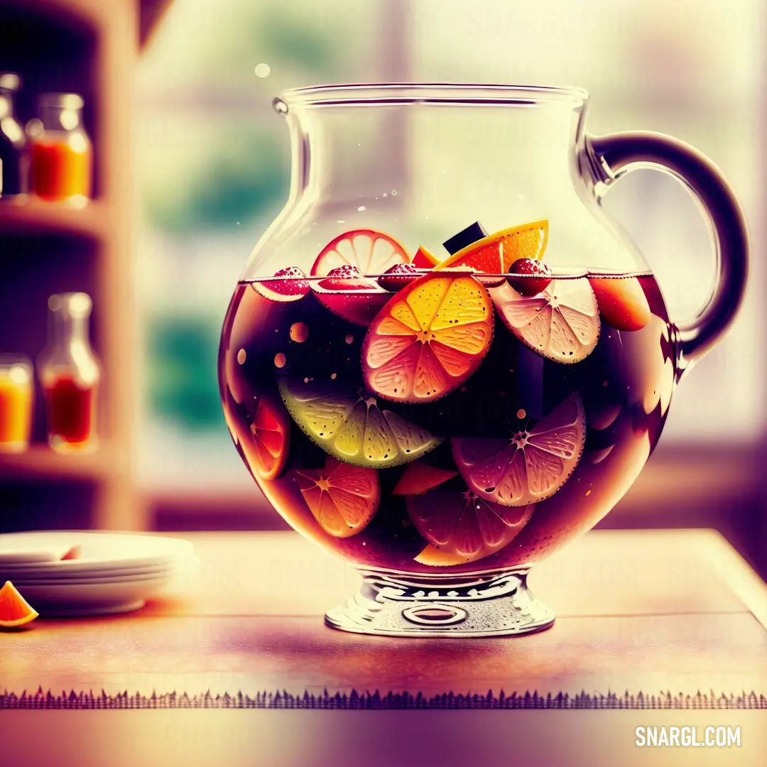 Pitcher filled with water and fruit slices on a table next to a plate of oranges and a glass of water. Example of CMYK 20,97,40,58 color.