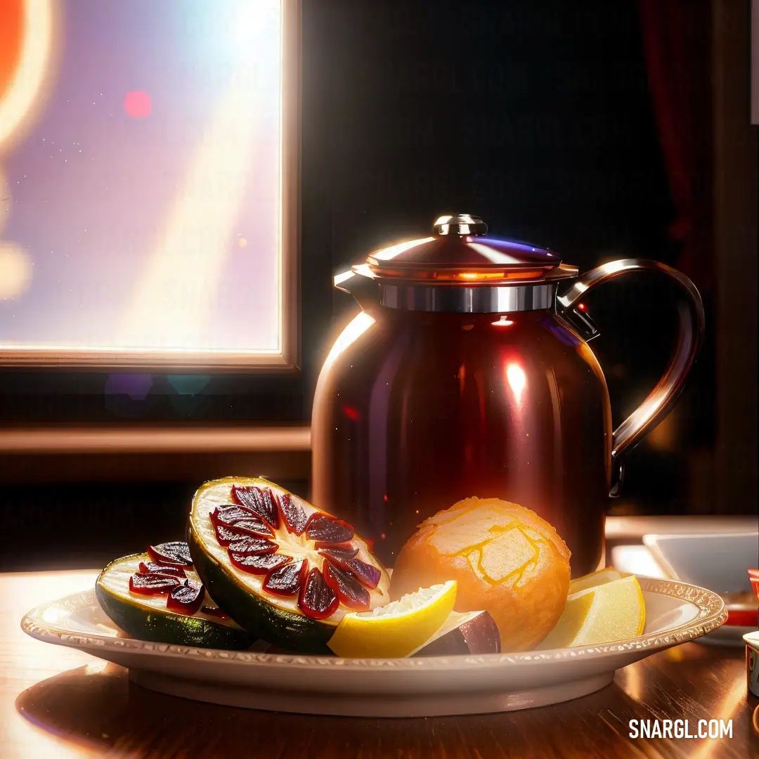 Plate with a pitcher and sliced fruit on it next to a window sill