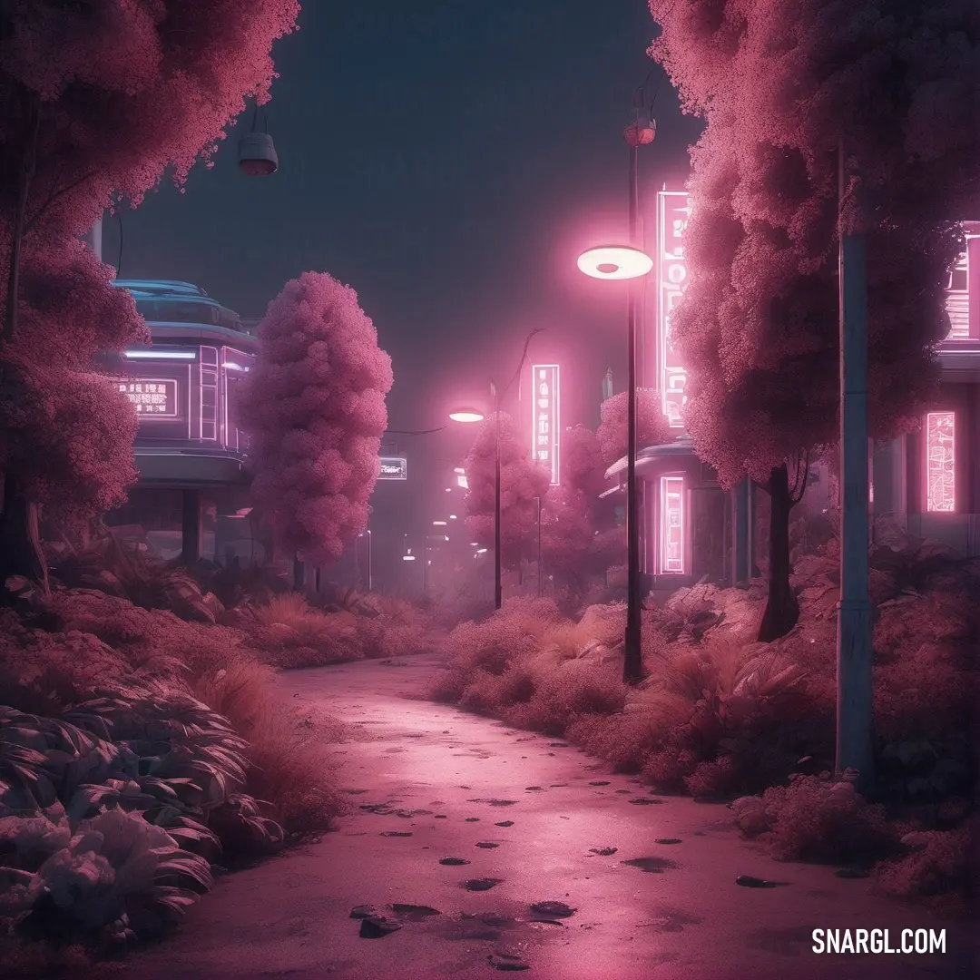 Street with a pink light at night and a pink light at the end of the street