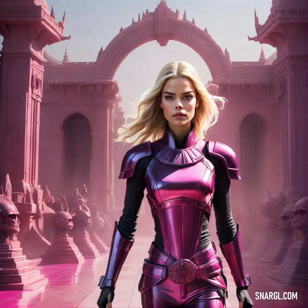 Woman in a futuristic suit walking through a pink city with a pink archway behind her and a pink background. Color PANTONE 209.
