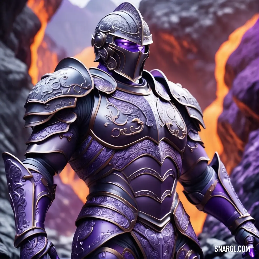 PANTONE 2090 color example: Man in a purple armor standing in a cave with a sword in his hand and a fire in the background