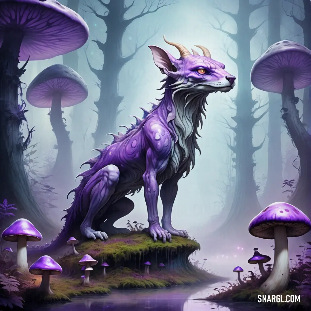 Purple creature standing on a mossy island in a forest with mushrooms and mushrooms around it. Example of CMYK 77,79,0,0 color.