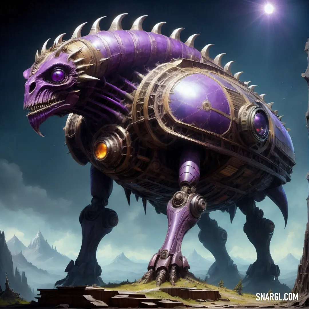 Purple creature with spikes on its head and a large body of metal on its body. Color PANTONE 2090.