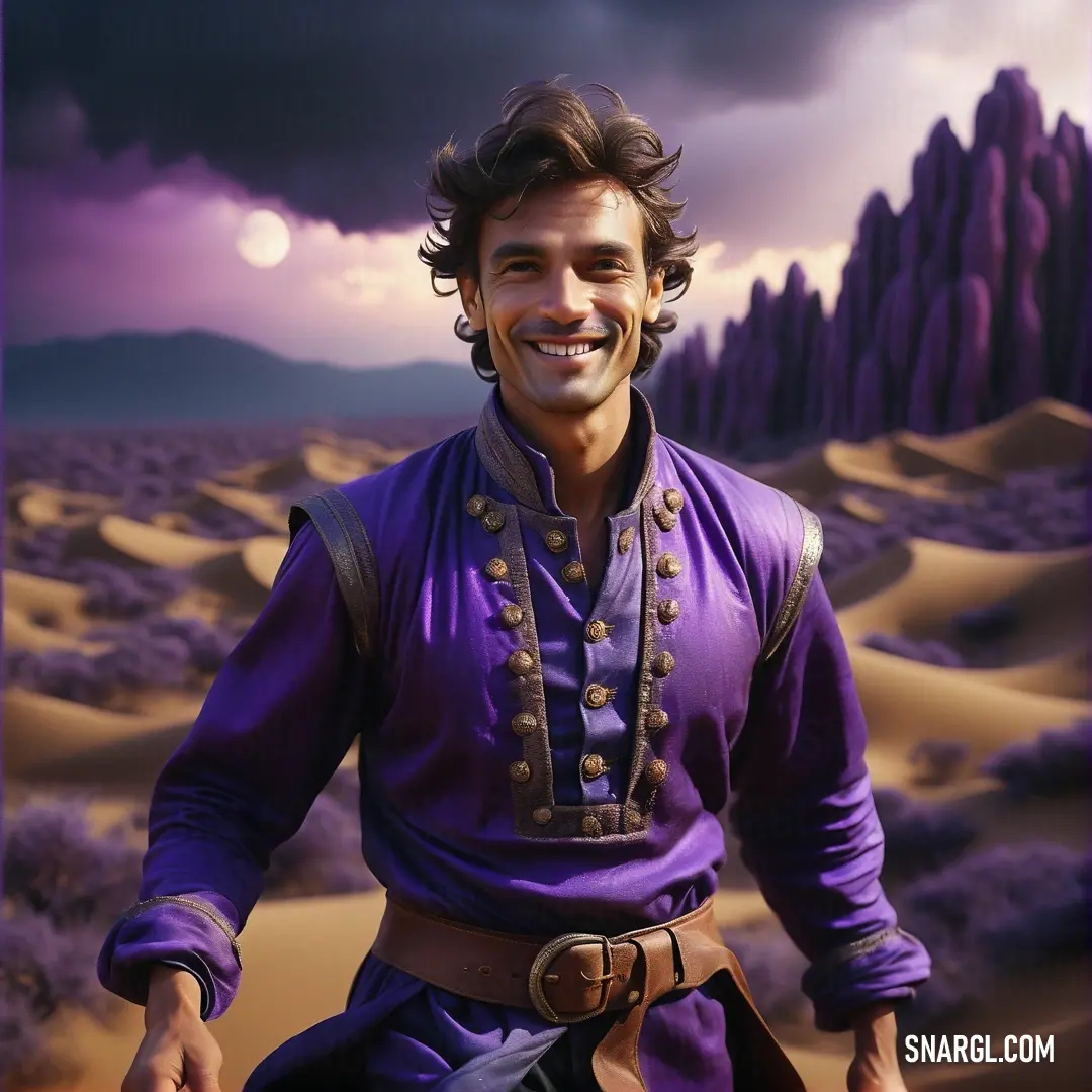 Man in a purple outfit is smiling in the desert with a desert landscape in the background. Example of RGB 81,56,129 color.