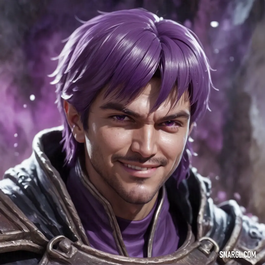 Man with purple hair and a purple outfit smiling at the camera with a purple background. Example of #513881 color.