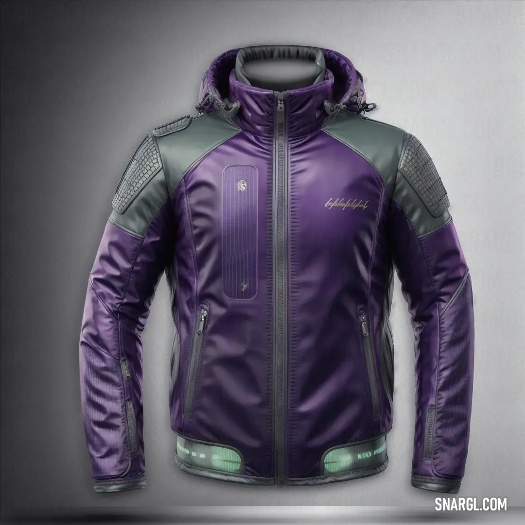 Purple jacket with a hood and zippers on it is shown in a studio photo with a gray background. Example of CMYK 86,88,0,0 color.