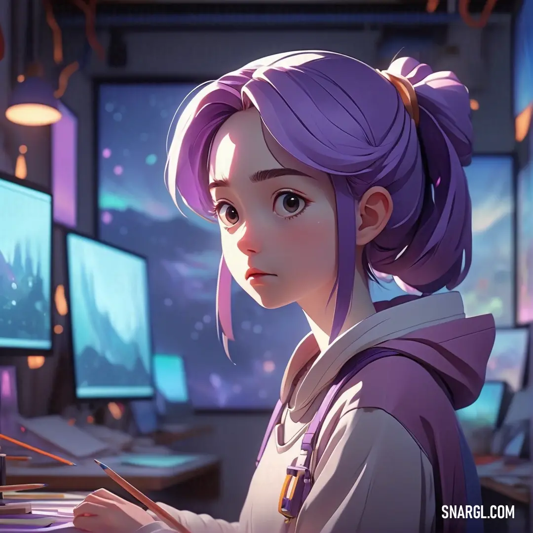 PANTONE 2092 color. Girl with purple hair is at a desk with a computer and a keyboard in front of her