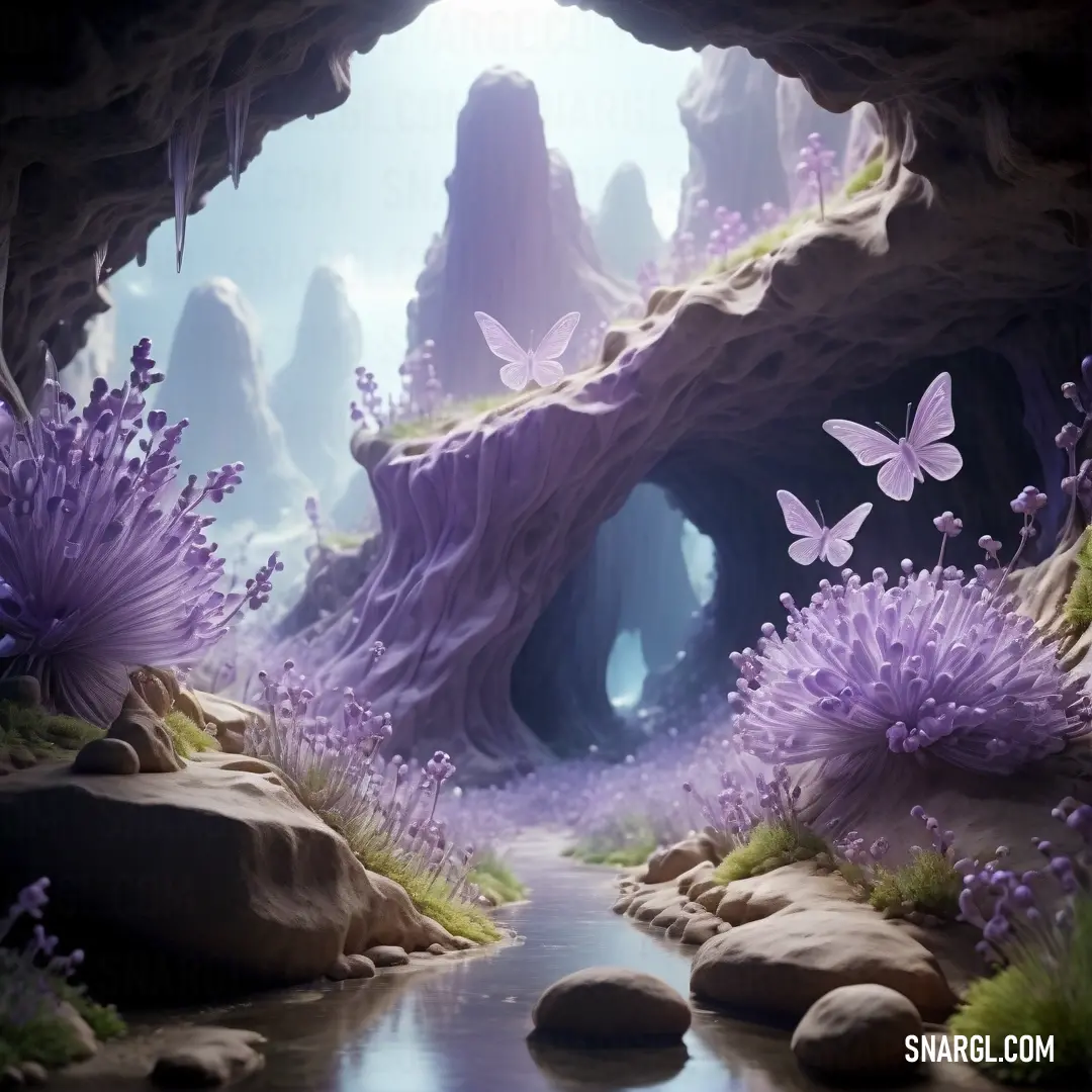 Painting of a stream in a cave with purple flowers and butterflies flying around it and a stream running through the cave