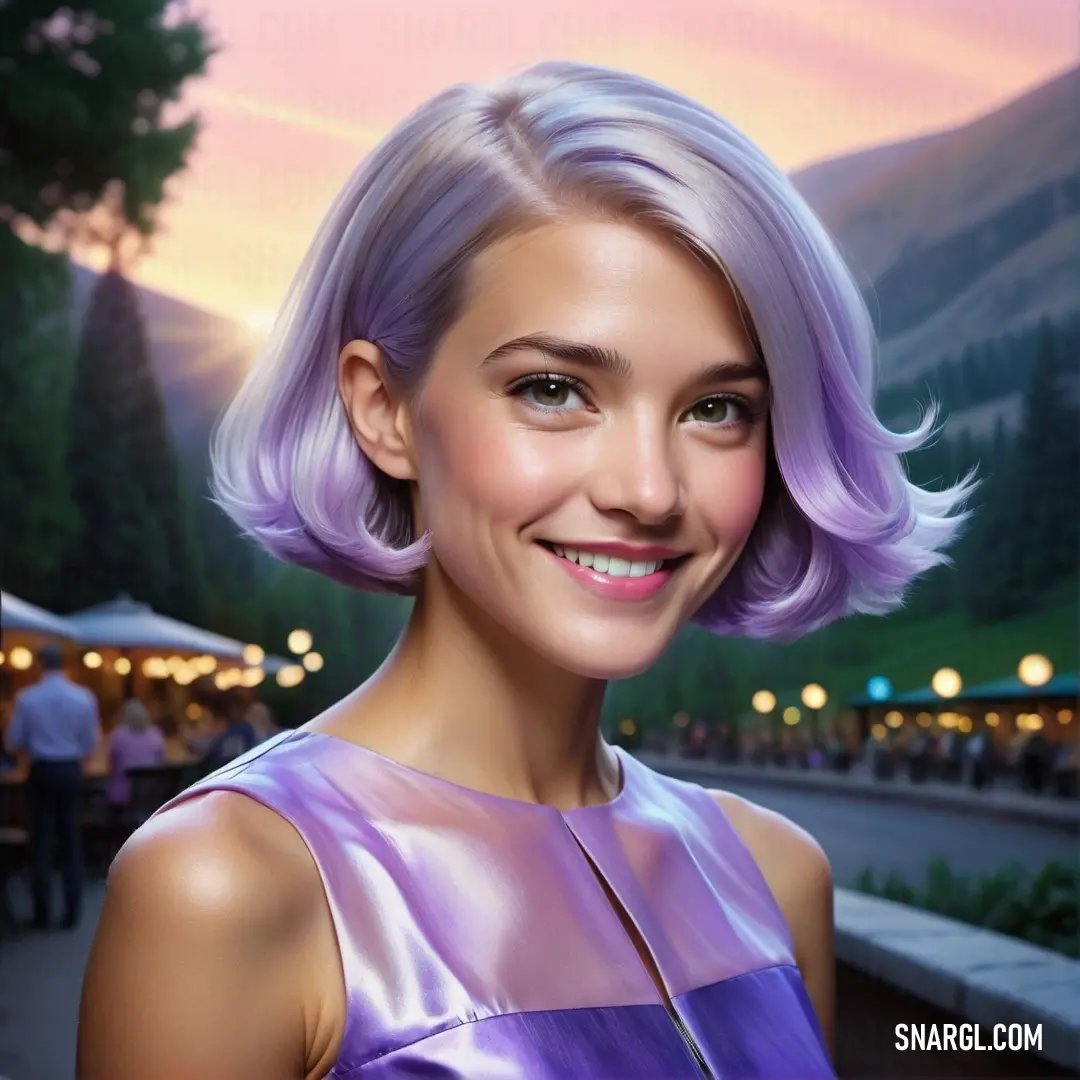 PANTONE 2092 color. Woman with a purple dress and a mountain in the background