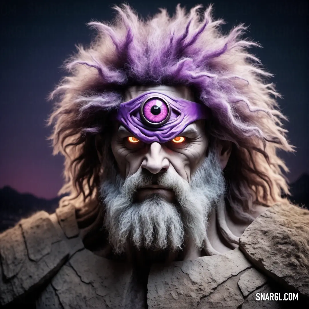 Man with a weird purple eyeball on his face and a beard and a beard with a purple eyeball on his head. Example of RGB 132,124,174 color.