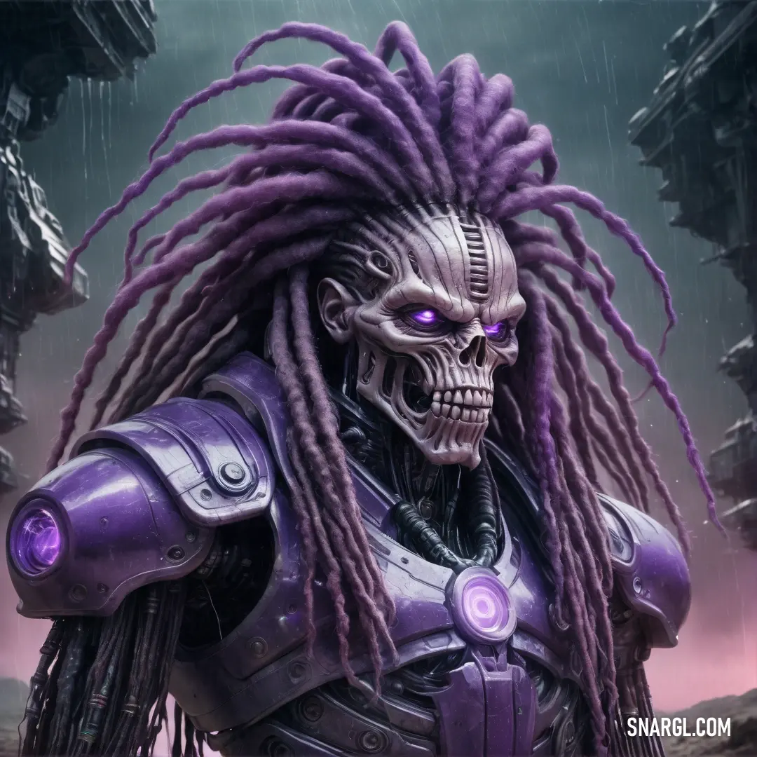 Skeleton with dreadlocks and a purple helmet on a city street with a purple sky background. Color #847CAE.