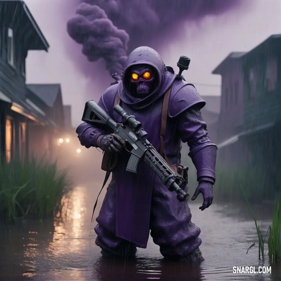 Man in a purple suit holding a gun in a flooded area with smoke billowing out of the building. Color PANTONE 2095.