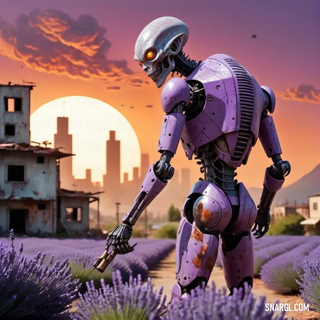 PANTONE 2095 color example: Robot walking through a lavender field in front of a sunset with a building in the background