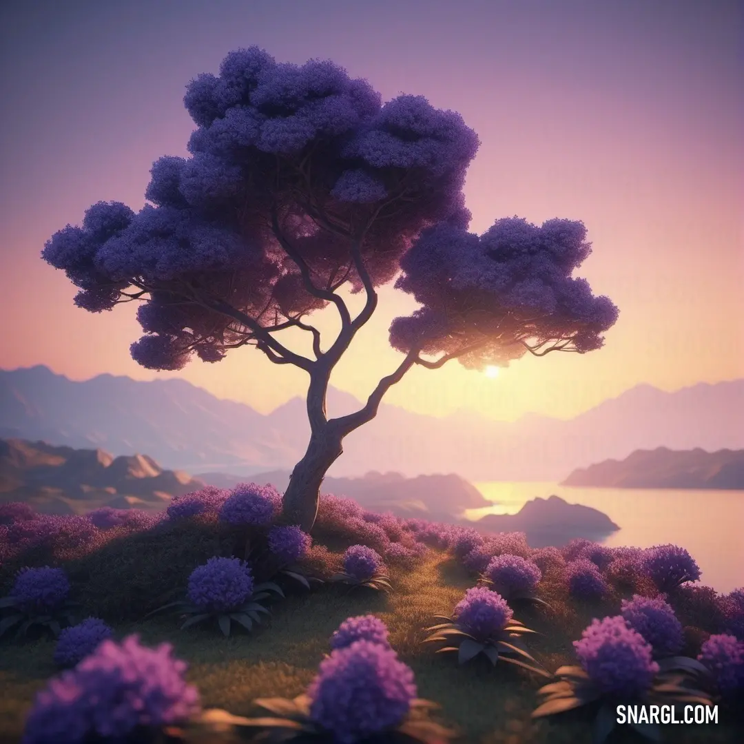 Tree with purple flowers in the foreground and a lake in the background. Color #7065A3.