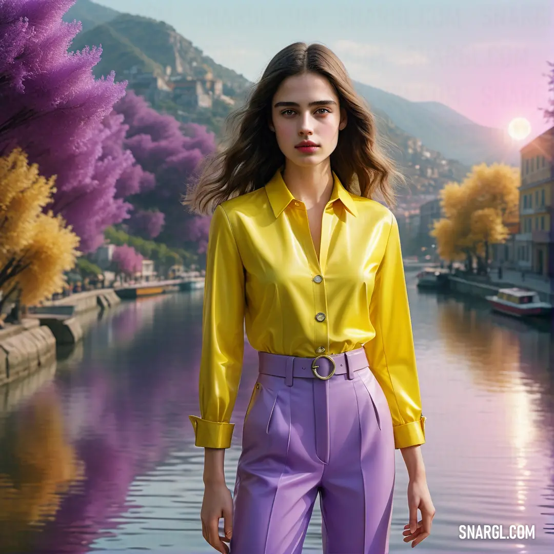 PANTONE 2095 color. Woman in a yellow shirt and purple pants standing in front of a lake with a mountain in the background