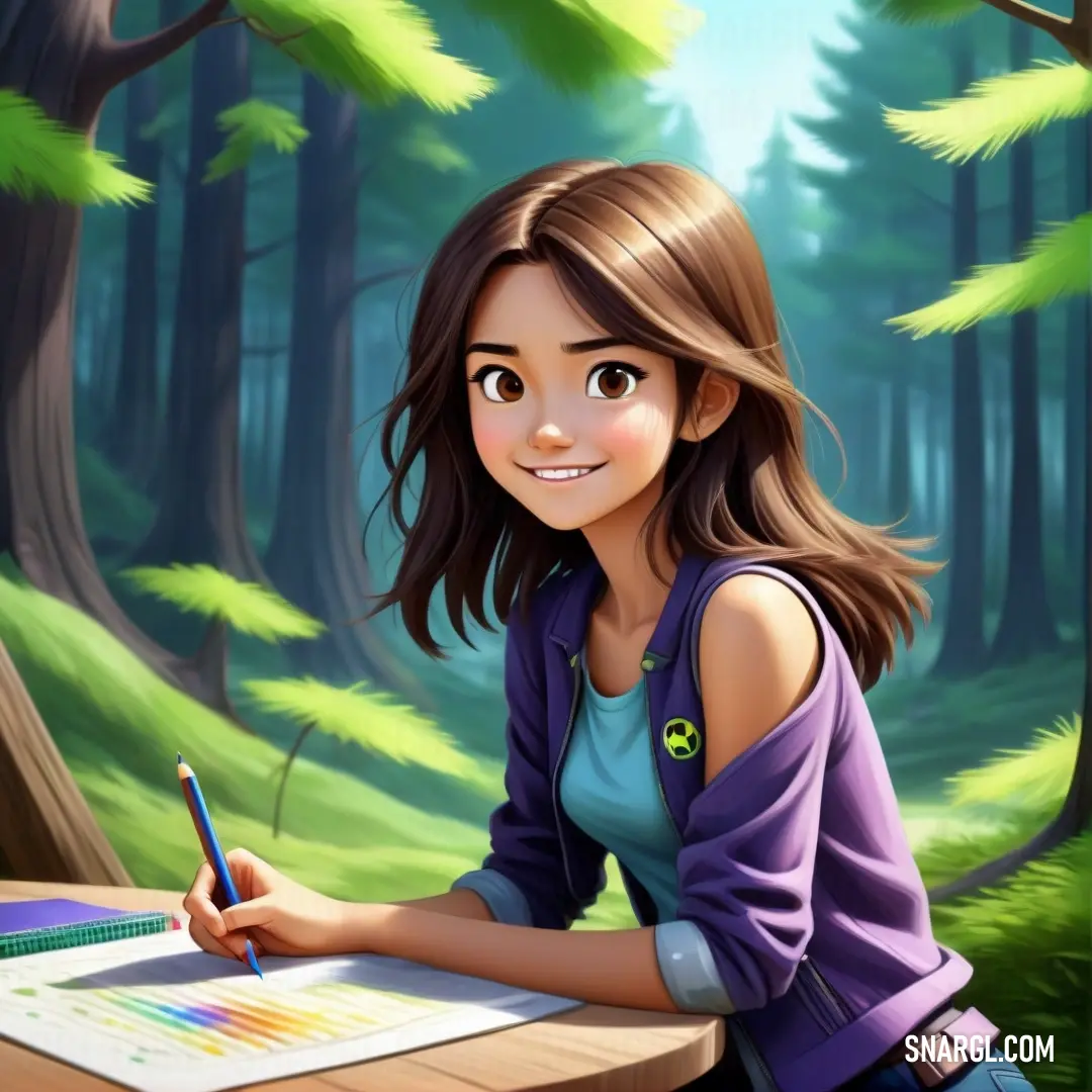 Girl is writing on a paper in the woods with a pencil and a book in her hand and a forest behind her. Example of PANTONE 2096 color.