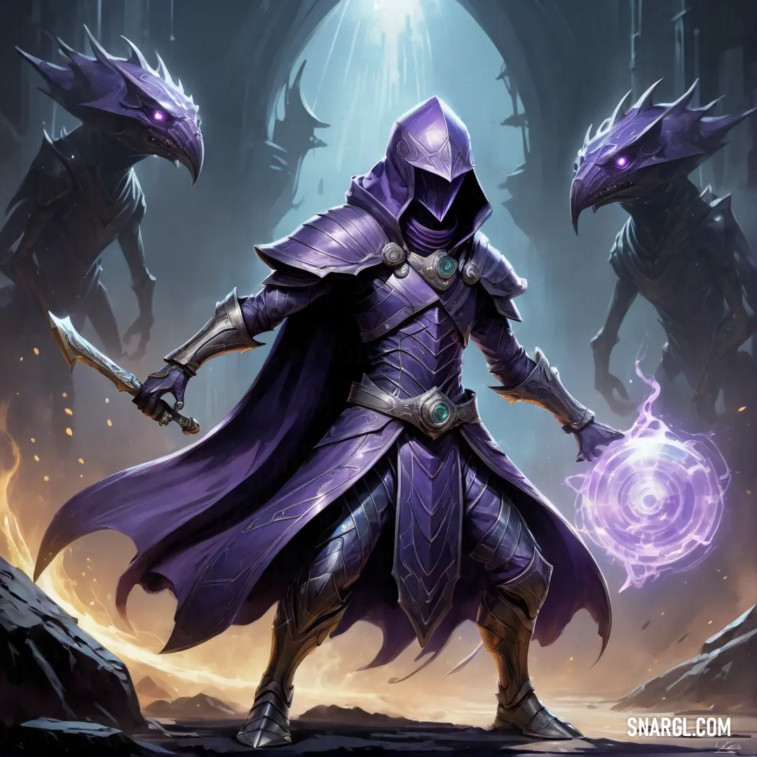 Man in a purple outfit holding a purple ball in his hand and two other men in the background. Example of #5E5194 color.