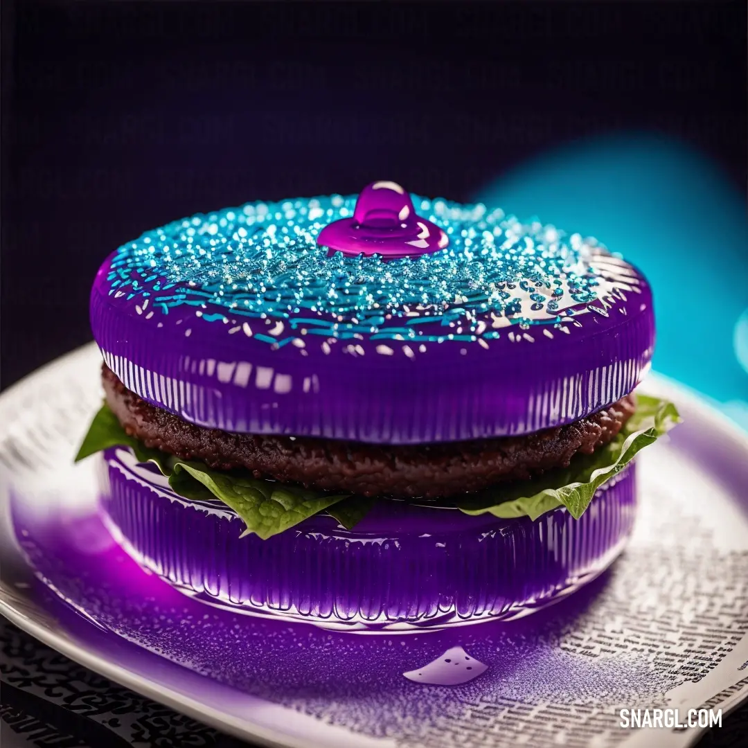 Purple and blue sandwich on a plate on a table with a newspaper underneath it and a blue background. Example of PANTONE 2096 color.