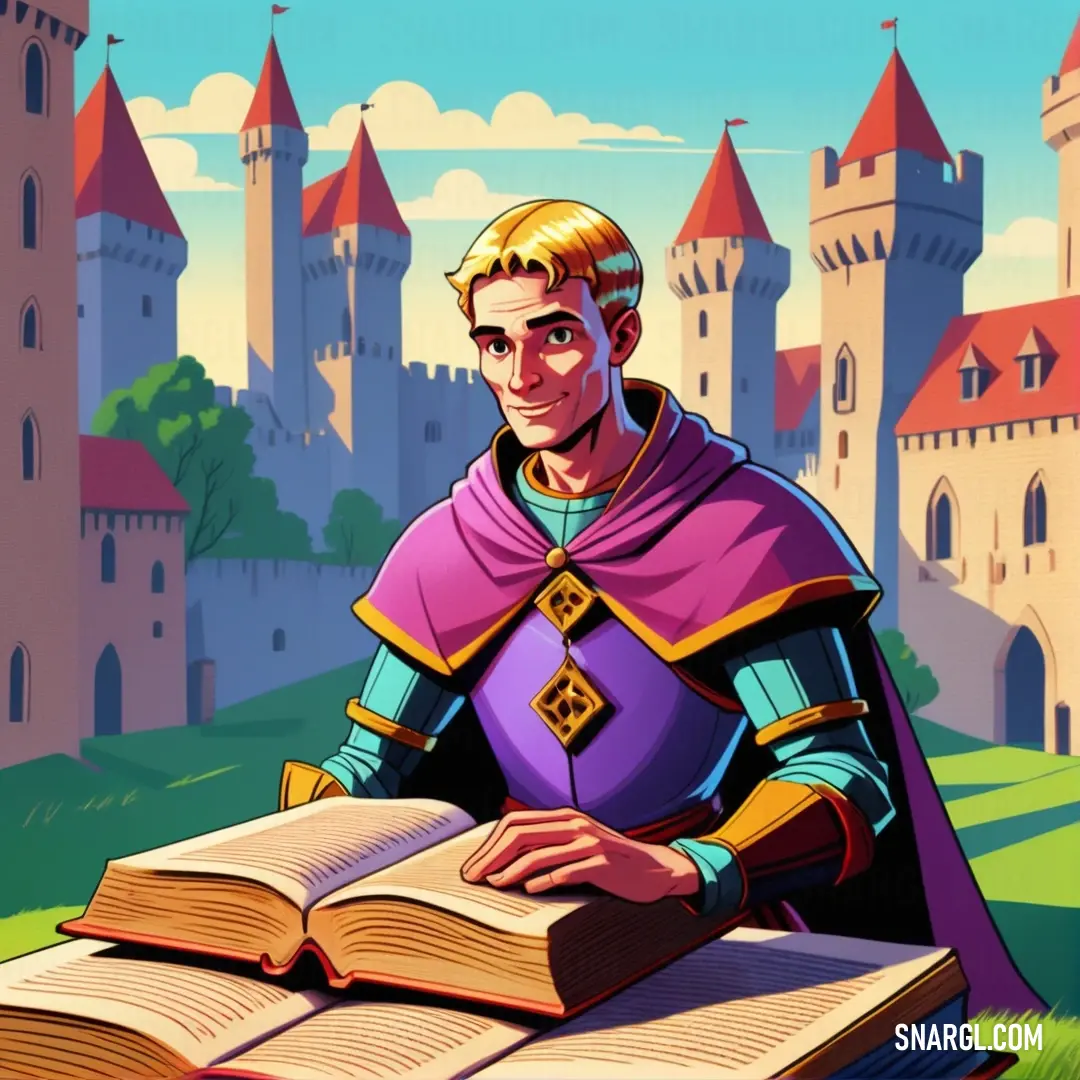 Man in a purple outfit is holding a book in front of a castle with a red roof and a yellow crown. Example of CMYK 77,74,0,0 color.