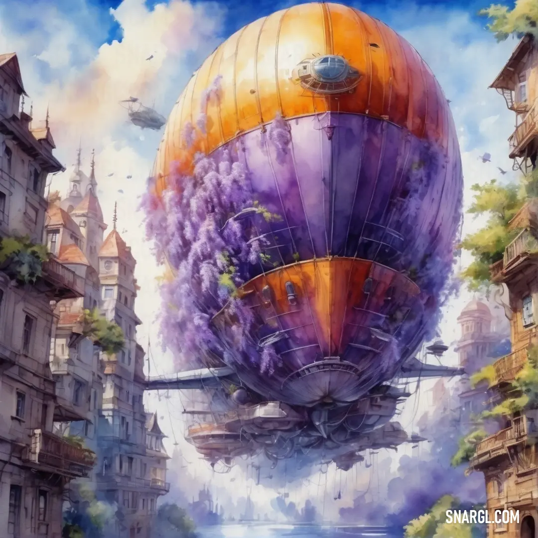 Painting of a large balloon floating over a city street with buildings and a bridge in the background. Color CMYK 77,74,0,0.