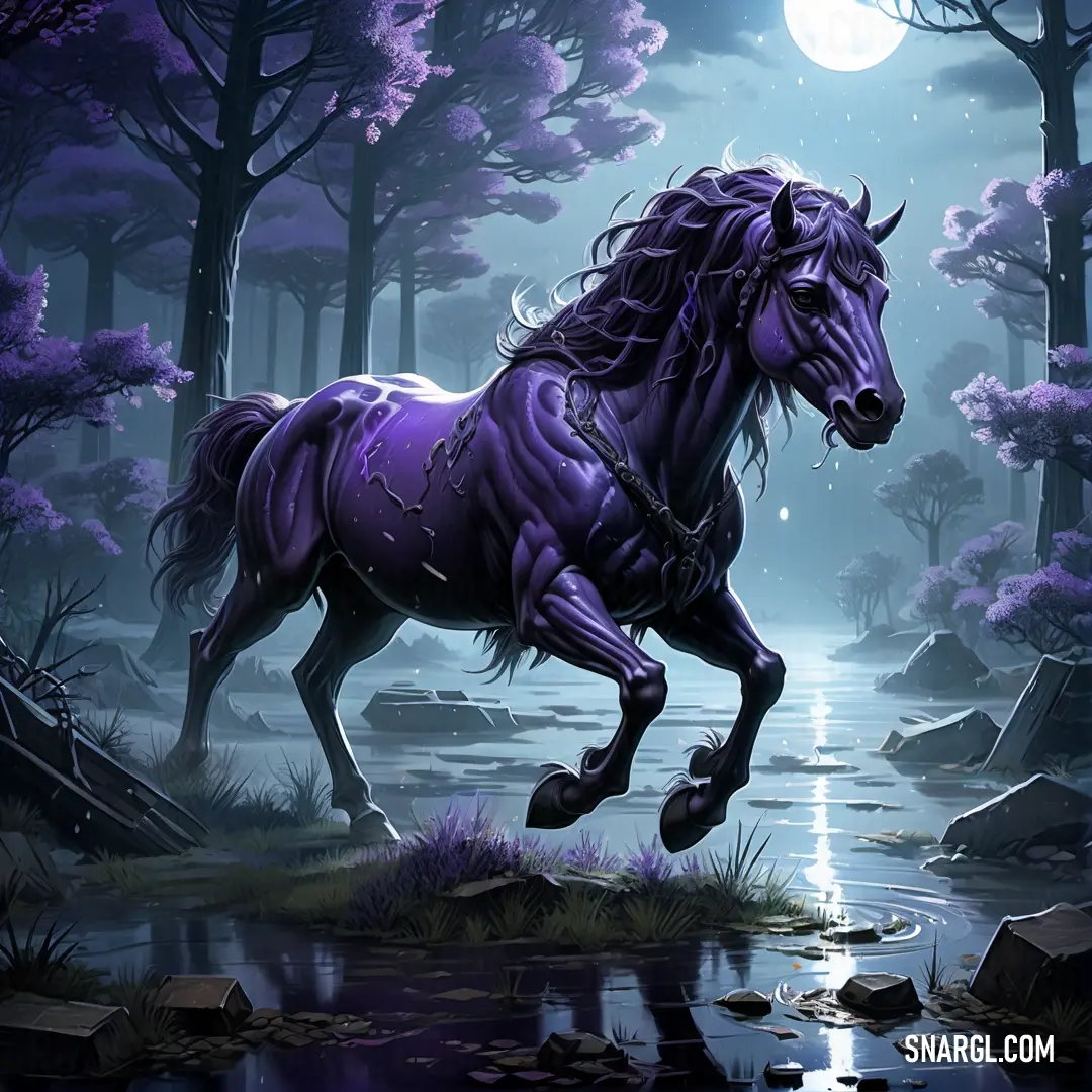 Horse running through a forest at night with a full moon in the background. Example of CMYK 77,74,0,0 color.