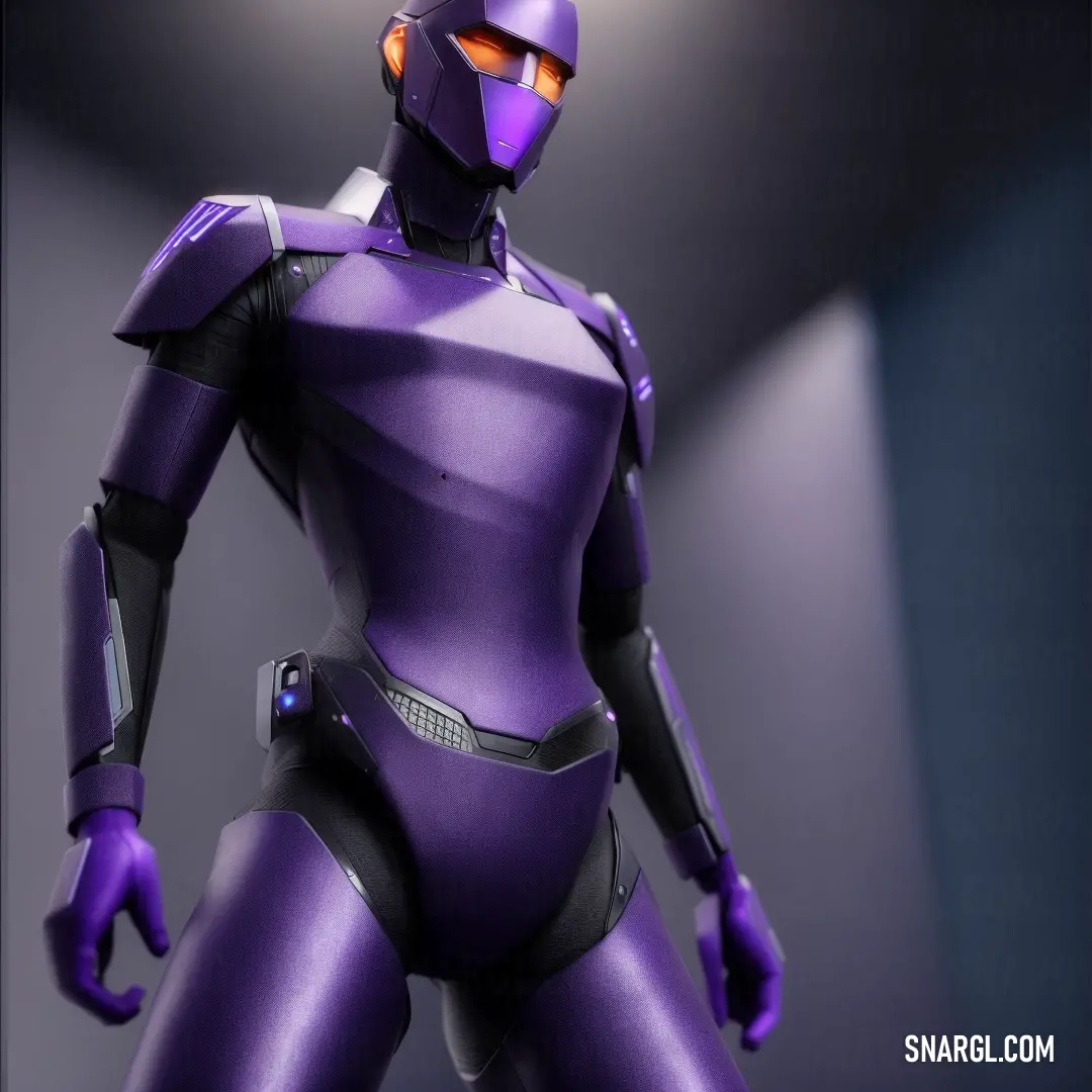 PANTONE 2097 color example: Purple robot is standing in a room with a spotlight on it's face and arms, with a black background