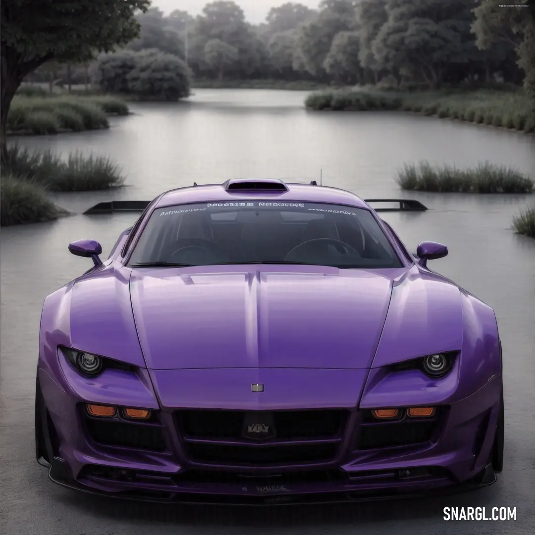 Purple sports car parked in front of a lake with trees in the background. Example of #5E5195 color.