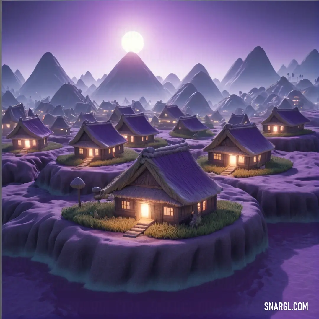 Computer generated image of a small village at night with mountains in the background. Example of #483E87 color.
