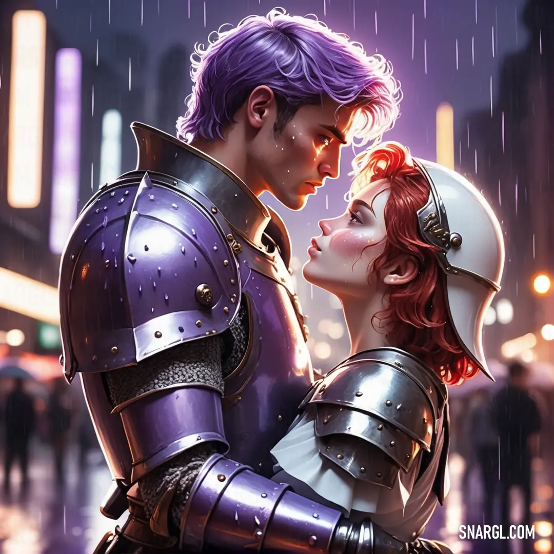Couple dressed in armor standing in the rain in a city at night with a cityscape in the background. Color CMYK 88,86,0,0.