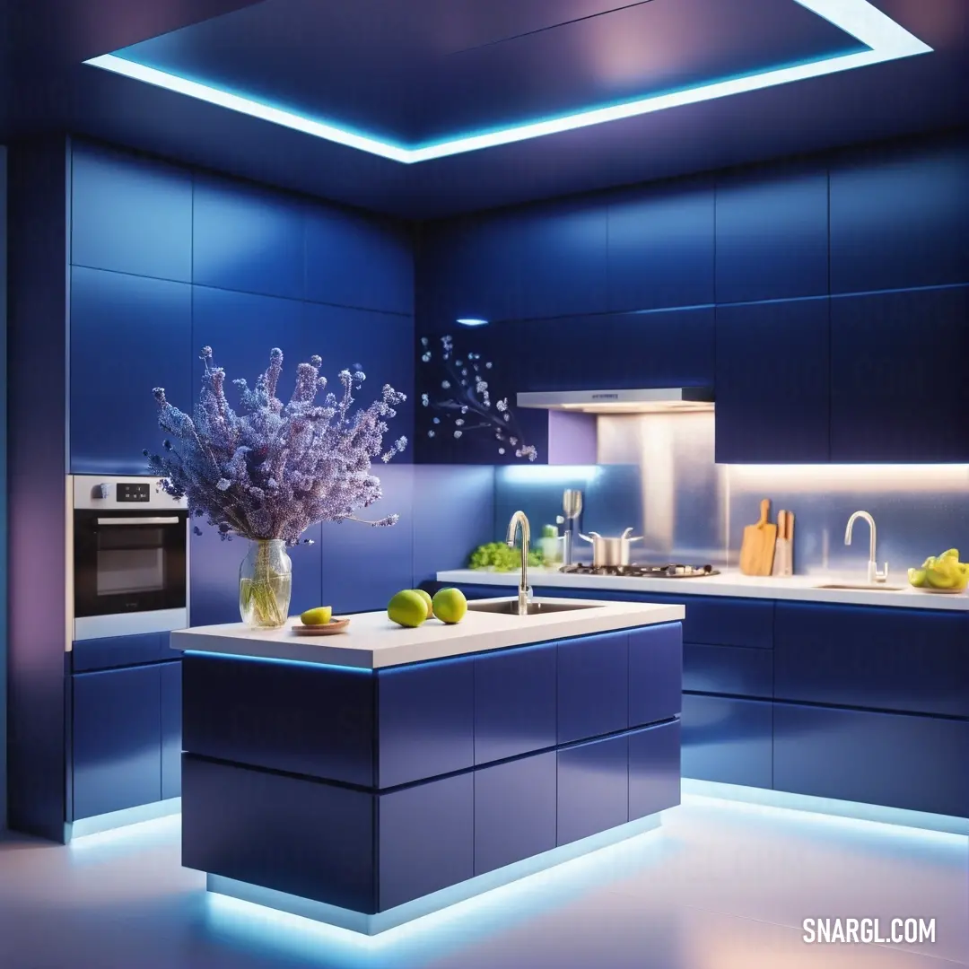 Kitchen with a blue counter and a vase of flowers on the island in the middle of the room. Color CMYK 88,86,0,0.