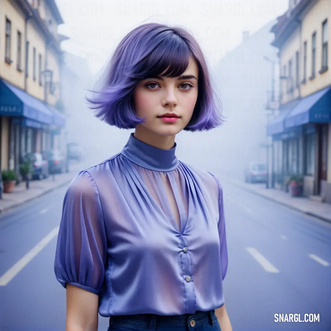 Woman with purple hair and a blue blouse on a street with buildings in the background. Color #483E87.