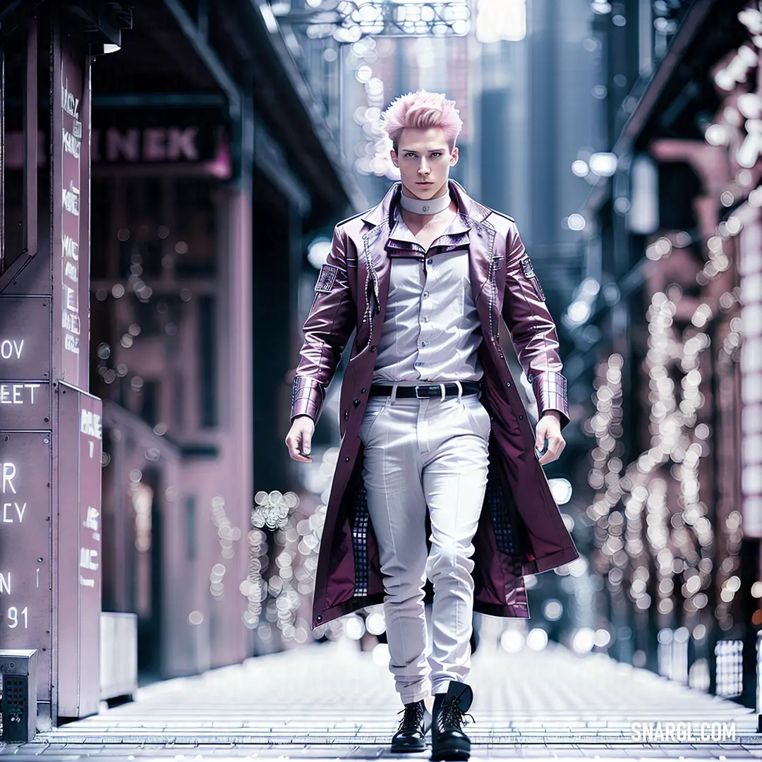 Man with pink hair walking down a street in a purple coat and white pants and a purple jacket. Example of CMYK 36,38,1,0 color.