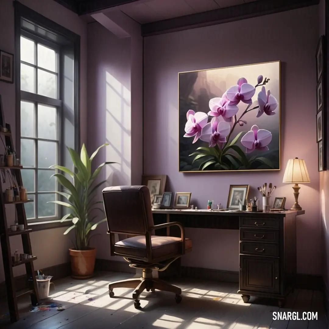 Painting of purple flowers is on the wall of a room with a desk and chair in front of it. Example of CMYK 36,38,1,0 color.